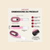 Schéma des dimensions de la brosse Cascadhe rose pâle : longueur 25 cm, largeur 8 cm, profondeur 4 cm, capacité spray 50 ML, picots souples