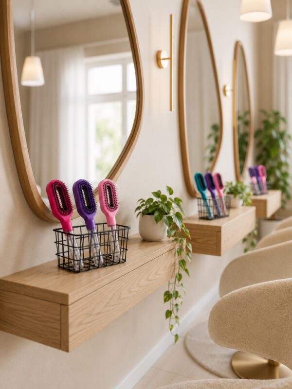 Brosses Cascadhe rose, magenta et violet présentées en salon dans un panier sur étagère bois flottante