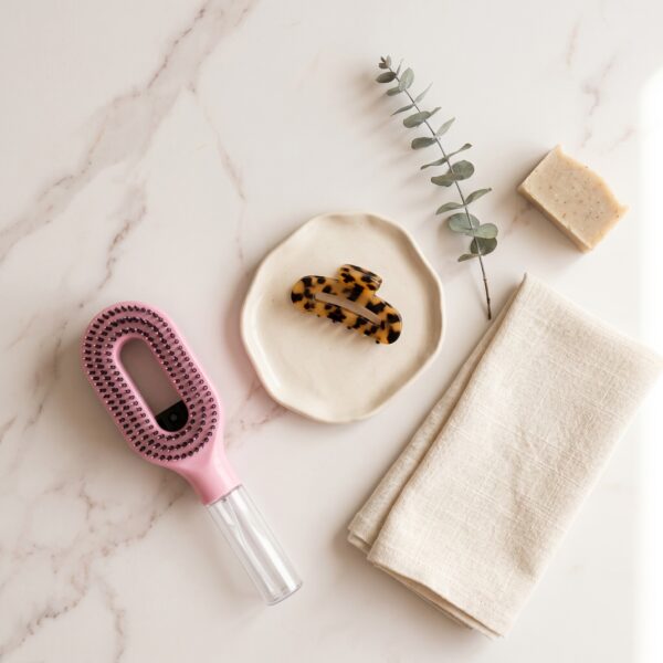 Brosse Cascadhe en flat lay sur marbre avec accessoires beaute minimalistes