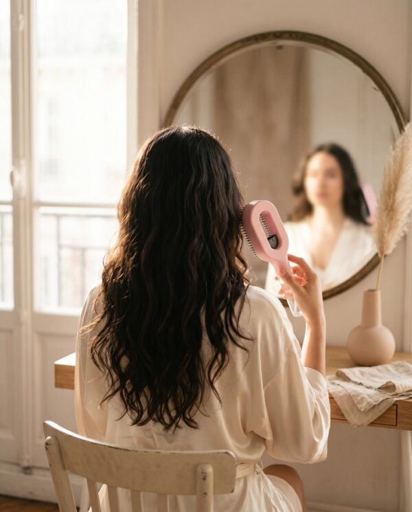 Cascadhe en routine matinale devant miroir vintage, peignoir soie creme